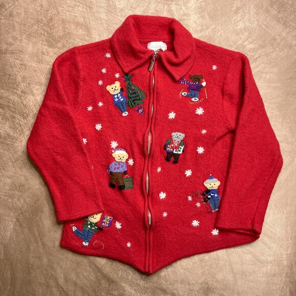 Vintage 90s Studio Works Holiday Teddy Bear Zip Up Wool Jacket Embroidered Xmas - Picture 1 of 7